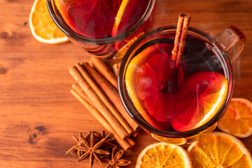 German tradition winter Christmas market new year holidays festival drink Gluhwein Mulled sweet hot warm red Wine with spices citrus aromatic cinnamon star anise