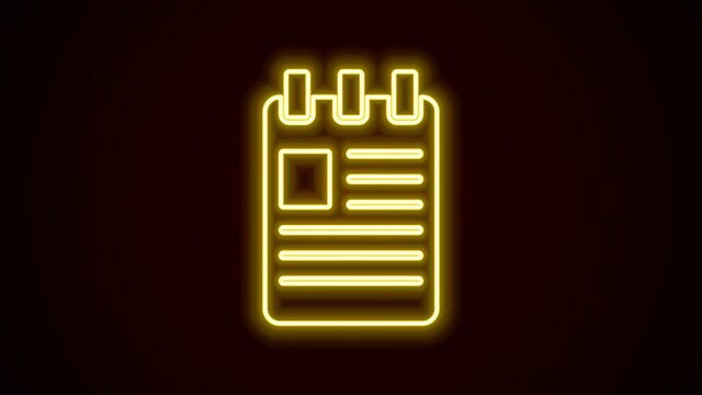 Glowing neon line Notebook icon isolated on black background. Spiral notepad icon. School notebook. Writing pad. Diary for school. 4K Video motion graphic animation