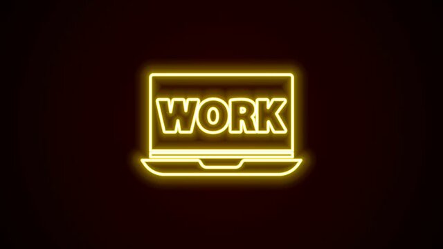 Glowing neon line Laptop with text work icon isolated on black background. 4K Video motion graphic animation