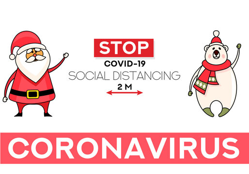 Christmas Social Distancing Concept. Flat Vector Banner. Christmas Covid Concept. Christmask. Six Feet Distance. Stop Coronavirus.