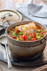 Homemade Fish Stew with Tomatoes and Okra. Cajun-Style Fish Gumbo