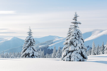 Fototapeta na wymiar Fantastic winter landscape with snowy trees. Carpathian mountains, Ukraine, Europe. Christmas holiday background. Landscape photography