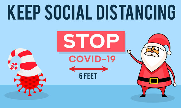 Christmas Social Distancing Concept. Flat Vector Banner. Christmas Covid Concept. Christmask. Six Feet Distance. Stop Coronavirus.