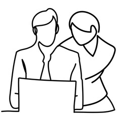 man and woman working with laptop, continuous line style