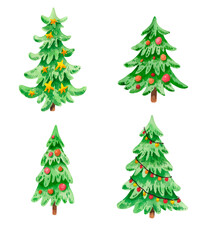 Watercolor bright Christmas trees collection, hand painted illustration