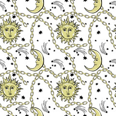 pattern with sun and moon on night sky with gold chains.