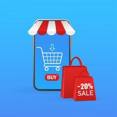 Online shopping hand smartphone for mobile device design. Smartphone with shopping concept. Online store payment. Isometric vector illustration.