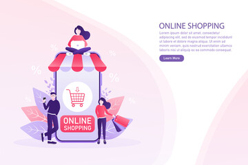 Line shopping people, great design for any purposes. Phone icon vector. Cartoon flat vector illustration. Online delivery phone concept.