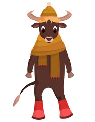 Bull wearing warm hat and scarf. Fictional character in cartoon style.