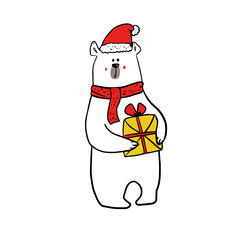 cute funy white bear in christmas outfit of santa claus with present.