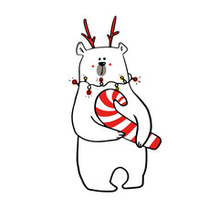 cute funy white bear in christmas outfit with christmas candy.
