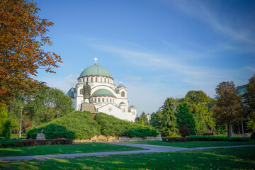Wider image of statue on postament of Black George aka Karadjordje Serbian revolutionary who led the struggle for his country's independence in front of the saint Sava monastery in Belgrade downtown