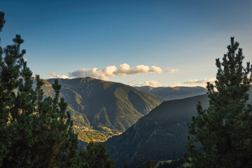 Obraz premium nice natural landscape of mountains with pine trees around in the foreground