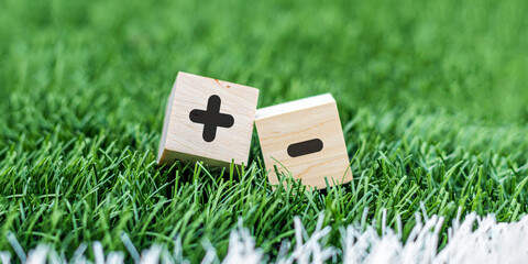 Wooden cubes with plus ans minus sign on a background of green grass