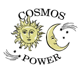 alchemy mystic illustration with moon and sun  and text. perfect for t shirt print, cover.