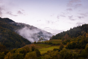 Fototapeta na wymiar Autumn misty morning, Wide shot , HDR, beautiful morning autumn landscape, Republika Srpska, Teslich, Ochaush