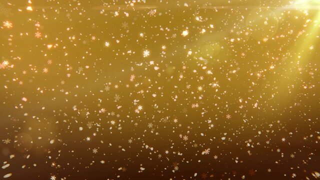 Golden snow falling animation background. Abstract snowflakes 3d render with lens flare.