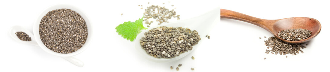 Group of chia seeds over a white background
