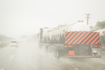 Trucks and cars traveling on the road on a rainy day