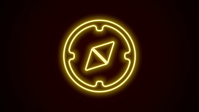 Glowing neon line Compass icon isolated on black background. Windrose navigation symbol. Wind rose sign. 4K Video motion graphic animation