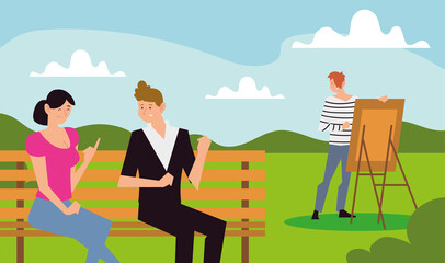people outdoor activity, couple on bench and man painting