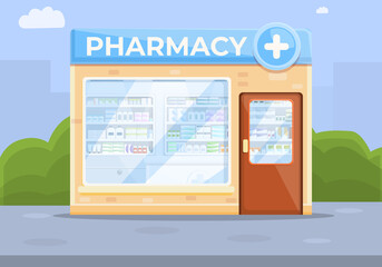 pharmacy building on city street, vector illustration