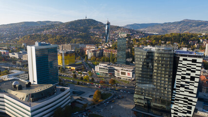 Sarajevo city downtown aerial view
