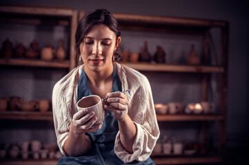 The potter works in the workshop. Hands and a potter's wheel close-up.