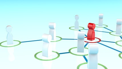 Obraz premium Chain of human figurines connected by green lines. Cooperation and interaction between people and employees. Dissemination of information in society, rumors. Social contacts. 3D illustration CG.