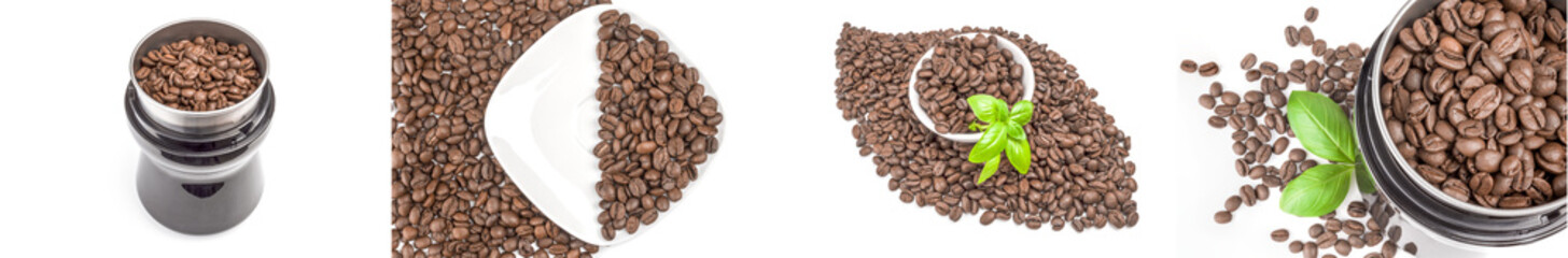 Set of brown coffee beans over a white background