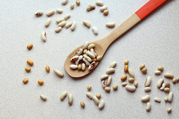 Wooden spoon on a gray background with scattered multicolored beans, top view, close-up