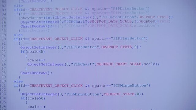 Lines of programmes code run across the white screen. Hacker tries to break security and commit data theft. Closeup