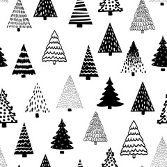 Doodle tree pattern black on white seamless vector pattern. Monochrome Christmas trees repeating background hand drawn sketch style. Modern Holiday design for fabric, wrapping paper.