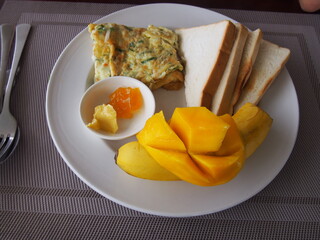 Breakfast set, Omelet, Sandwich, Mango, Banana, and Jam, Nalusuan Island, Cebu, Philippines