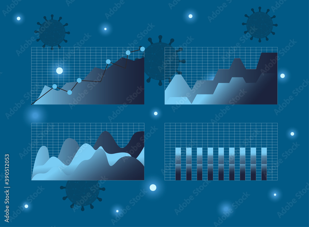 Aufkleber covid 19 virus stats area bars chart and increase line gradient style icon vector design