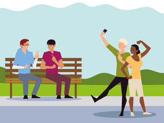 people outdoor activity, couple taking selfie and men sitting on bench park