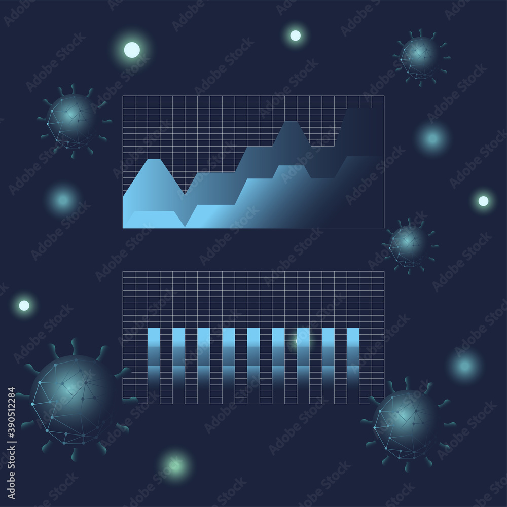 Poster covid 19 virus stats area and bars chart gradient style icon vector design
