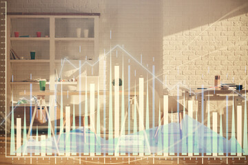 Double exposure of financial graph drawing and office interior background. Concept of stock market.