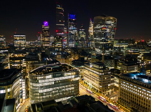 London city night  skyline drone view 