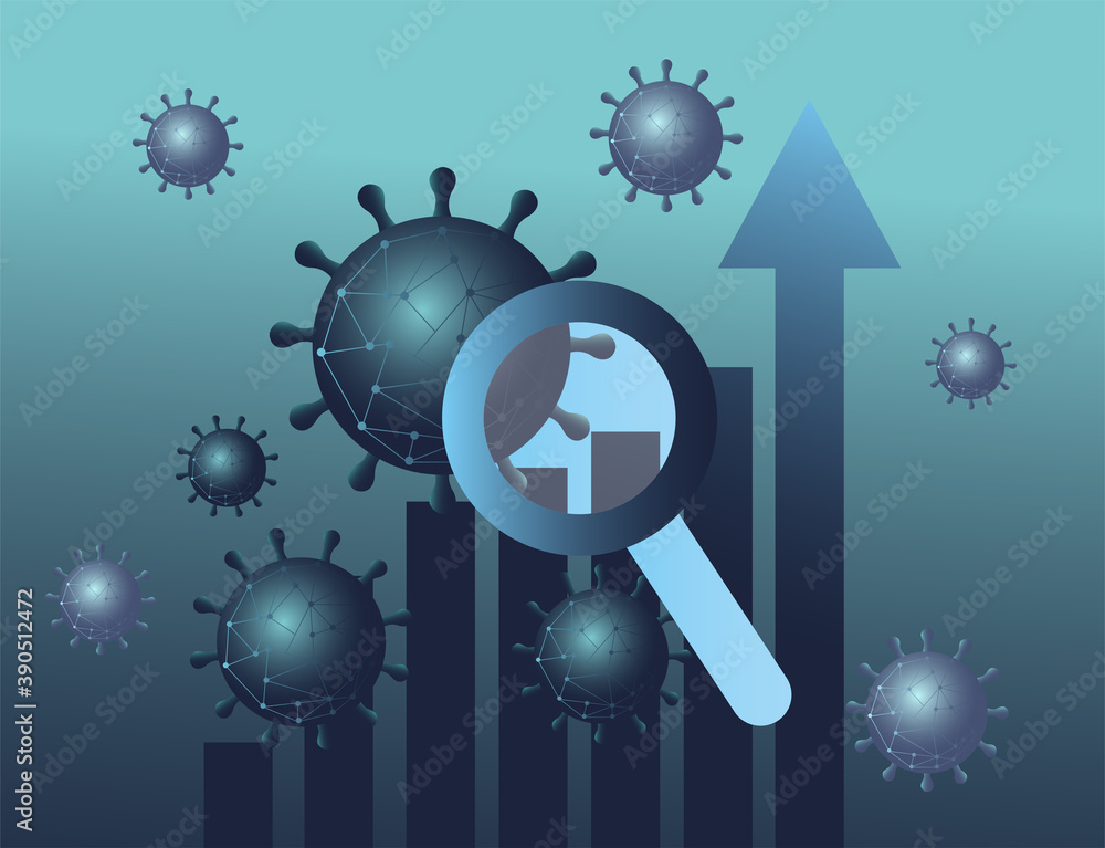 Poster covid 19 virus stats bars chart with increase arrow and lupe gradient style icon vector design