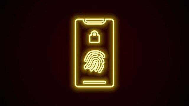 Glowing neon line Smartphone with fingerprint scanner icon isolated on black background. Concept of security, personal access via finger on mobile. 4K Video motion graphic animation