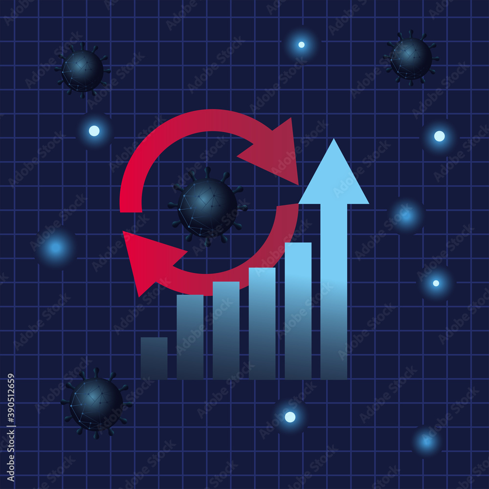 Poster covid 19 virus stats bars chart with increase arrow gradient style icon vector design