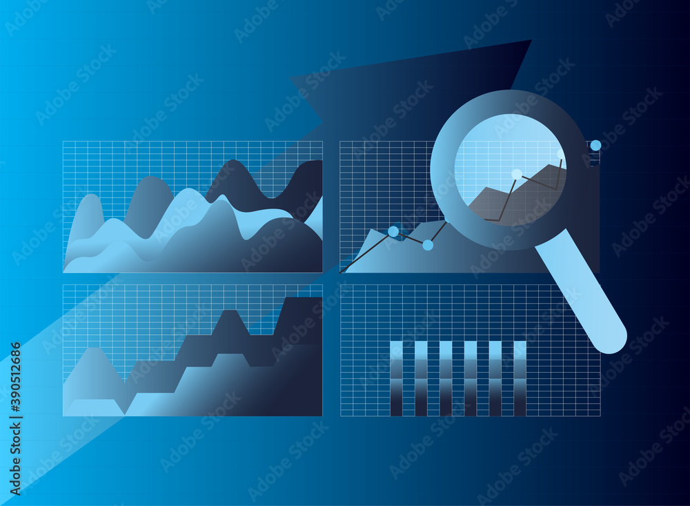 Poster area bars chart increase line and lupe gradient style icon vector design