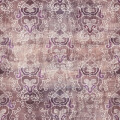 Luxury purple and tan damask seamless pattern. High quality illustration. Mysterious and luxurious grape and beige colored ornamental textured pattern swatch. Fancy and glamorous romantic design.