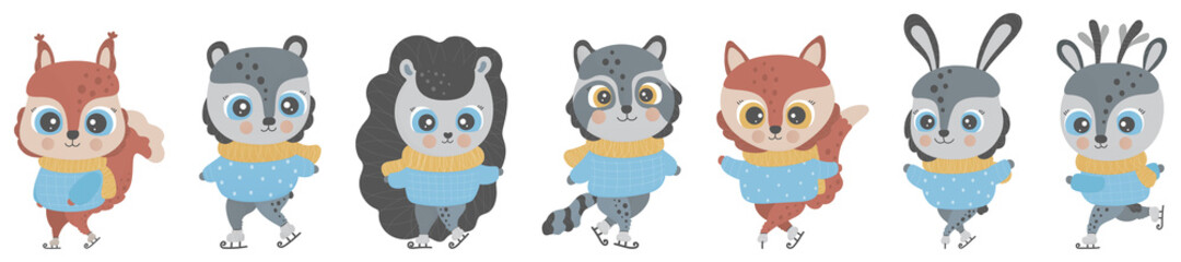 Set of cute cartoon forest animals dressed in sweaters and scarves ice skating on a white background. Children's isolated clipart. Charactes for print, design, t-shirts, sticker, diy projects. Vector.