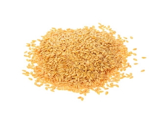 Golden flax seed isolated  on  white background - obrazy, fototapety, plakaty