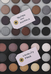 cruelty free vs animal tested cosmetics eyeshadow palettes with text on labels