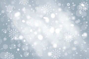 Gray abstract background. white light and snowflakes bokeh winter for Christmas new year blurred beautiful shiny lights use for card banner wallpaper backdrop and your product.