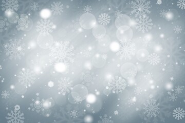 Gray abstract background. white light and snowflakes bokeh winter for Christmas new year blurred beautiful shiny lights use for card banner wallpaper backdrop and your product.