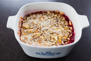 rhubarb crumble cake in oven tray